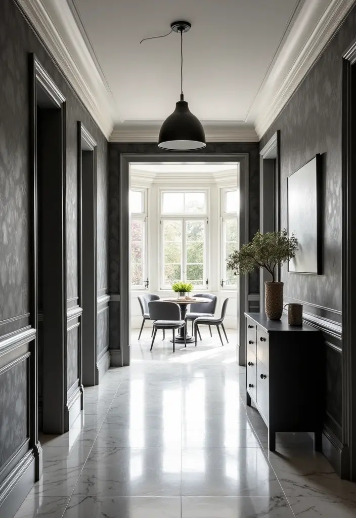 30 Wallpaper Hallway Ideas That Make a Bold Statement 12 30 Wallpaper Hallway Ideas That Make a Bold Statement - 12. Classic Black and White