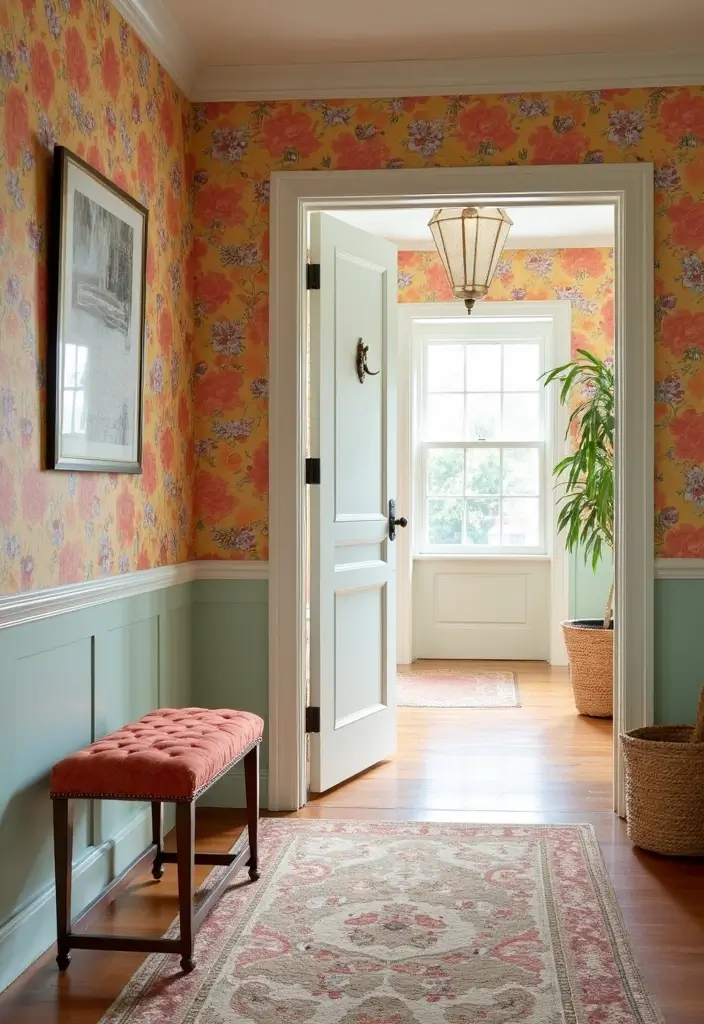 29 Wainscoting Entryway Ideas That Add Instant Character 15 29 Wainscoting Entryway Ideas That Add Instant Character - 15. Wallpapered Wainscoting