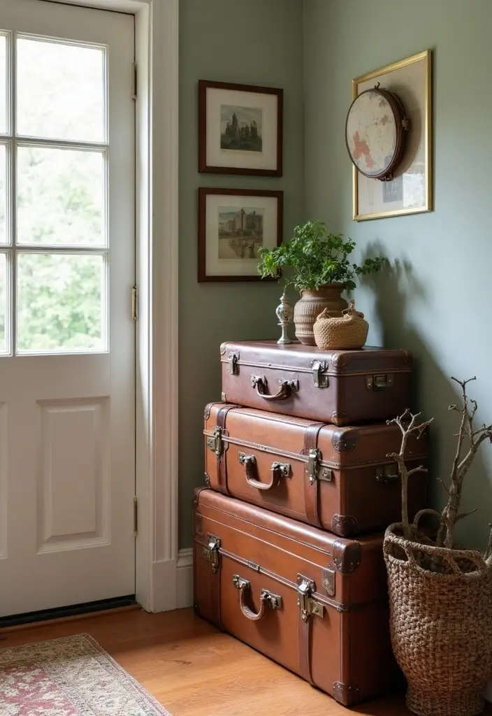 25 Corner Entryway Ideas That Save Space Beautifully 16 25 Corner Entryway Ideas That Save Space Beautifully - 16. Vintage Suitcase Storage