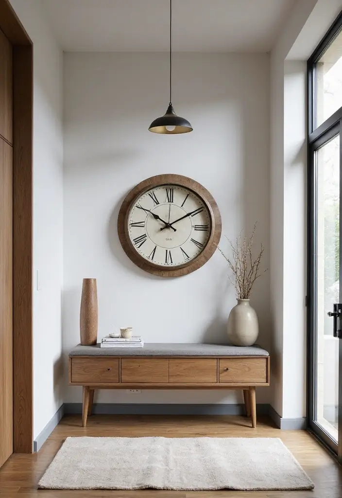 25 Corner Entryway Ideas That Save Space Beautifully 19 25 Corner Entryway Ideas That Save Space Beautifully - 19. Artistic Wall Clock