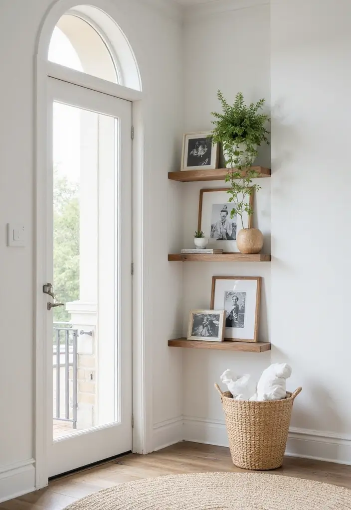 25 Corner Entryway Ideas That Save Space Beautifully 2 25 Corner Entryway Ideas That Save Space Beautifully - 2. Floating Shelves with Decor