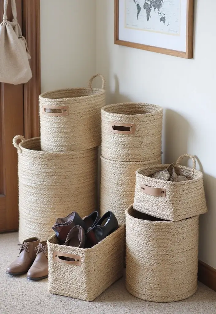 25 Entry Hallway Ideas That Feel Inviting and Functional 12 25 Entry Hallway Ideas That Feel Inviting and Functional - 12. Functional Decorative Baskets