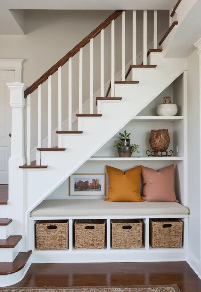 25 Entryway Stairs Designs That Blend Style and Function 24 25 Entryway Stairs Designs That Blend Style and Function - 24. Functional Built-In Storage