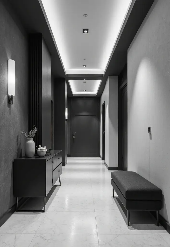 25 Hallway Ideas Modern That Feel Sleek and Trendy 1 25 Hallway Ideas Modern That Feel Sleek and Trendy - 1. Monochrome Magic
