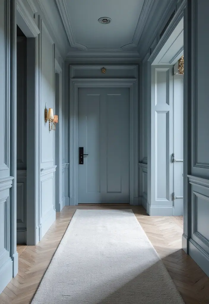 26 Blue Hallway Styles That Feel Calm and Refreshing 18 26 Blue Hallway Styles That Feel Calm and Refreshing - 18. Elegant Blue and Gray Fusion