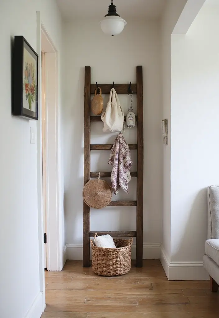 26 Entryway Wall Ideas That Turn Blank Spaces into Features 17 26 Entryway Wall Ideas That Turn Blank Spaces into Features - 17. Decorative Ladders