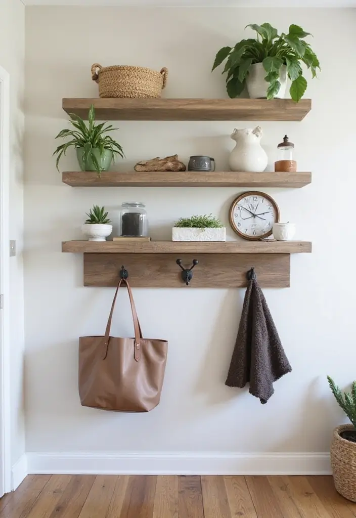 26 Entryway Wall Ideas That Turn Blank Spaces into Features 2 26 Entryway Wall Ideas That Turn Blank Spaces into Features - 2. Functional Shelving with Style
