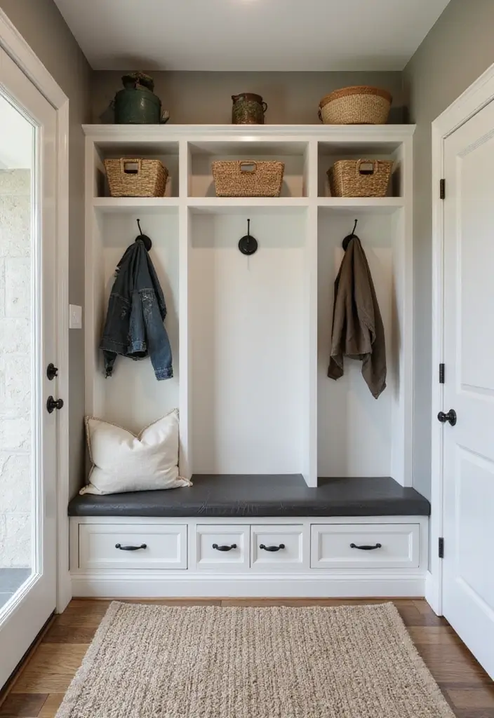 26 Entryway Wall Ideas That Turn Blank Spaces into Features 20 26 Entryway Wall Ideas That Turn Blank Spaces into Features - 20. Custom Built-ins