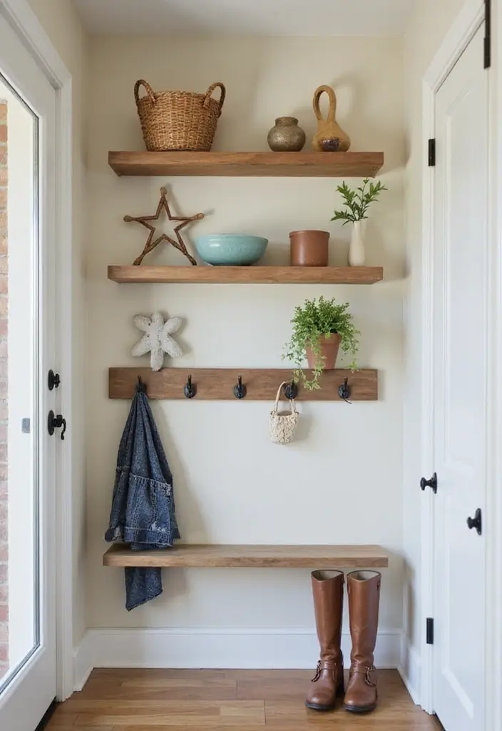 26 Narrow Entryway Decor Hacks to Add Style Instantly 18 26 Narrow Entryway Decor Hacks to Add Style Instantly - 18. Floating Shelves with Hooks