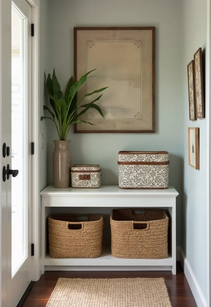 26 Narrow Entryway Decor Hacks to Add Style Instantly 5 26 Narrow Entryway Decor Hacks to Add Style Instantly - 5. Decorative Storage Solutions