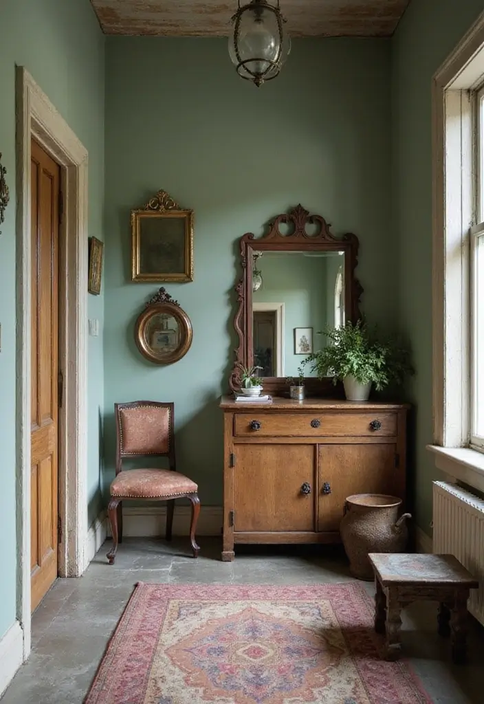 26 Sage Hallway Designs That Look Calm and Modern - 10. Vintage Finds with Sage