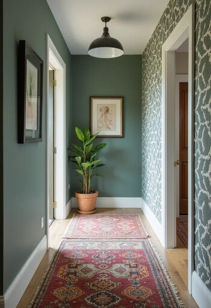26 Sage Hallway Designs That Look Calm and Modern - 12. Sage with Geometric Patterns