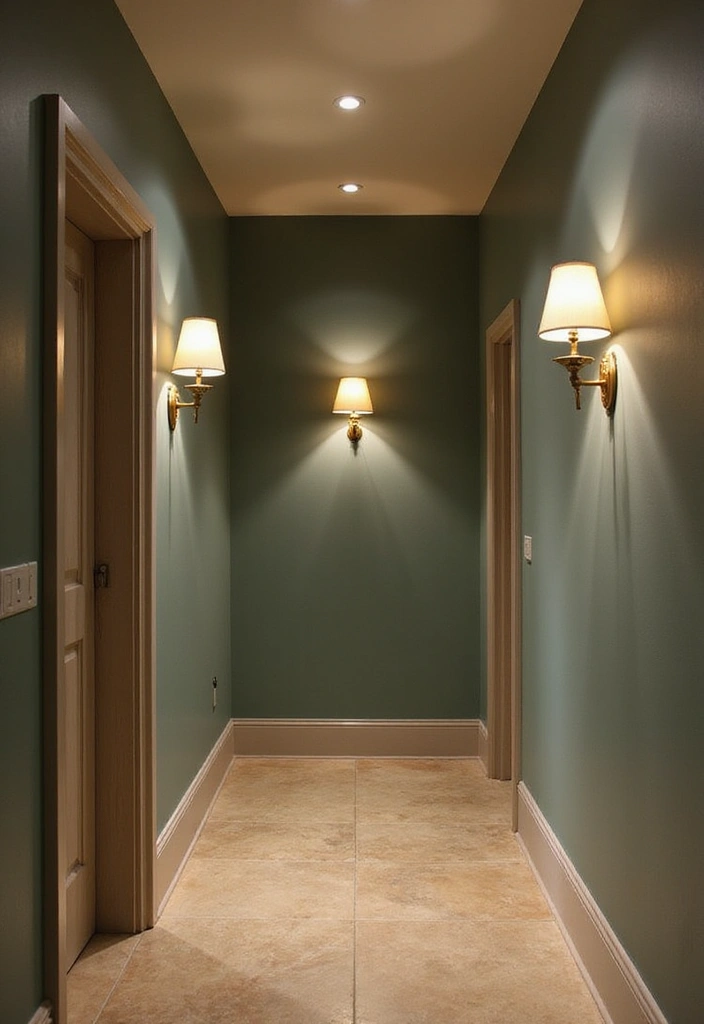 26 Sage Hallway Designs That Look Calm and Modern - 18. Sage with Layered Lighting