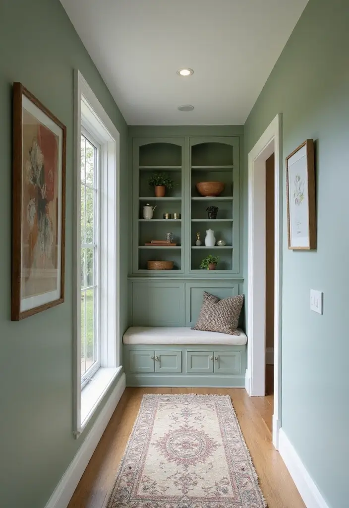 26 Sage Hallway Designs That Look Calm and Modern - 26. Sage with Custom Built-Ins