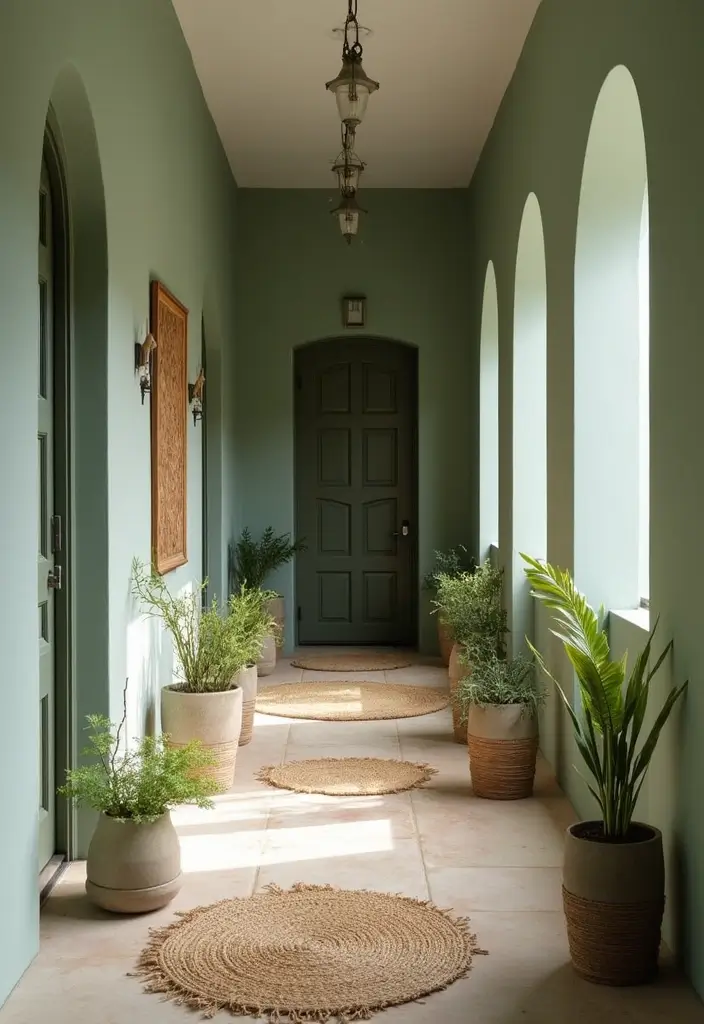 26 Sage Hallway Designs That Look Calm and Modern - 6. Sage Accented with Natural Elements