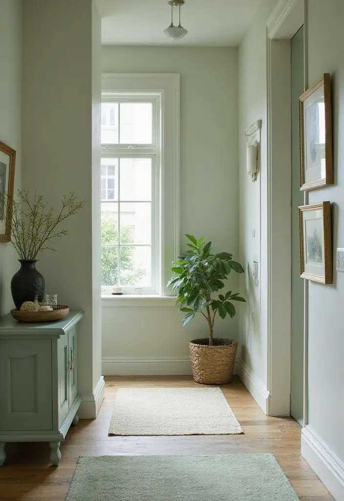 26 Sage Hallway Designs That Look Calm and Modern - 9. Sage with Monochromatic Accents