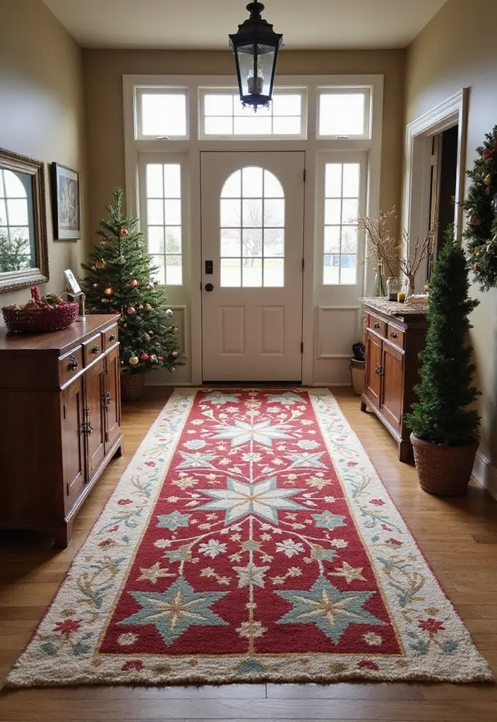 27 Christmas Hallway Decor Ideas That Spark Holiday Magic 10 27 Christmas Hallway Decor Ideas That Spark Holiday Magic - 10. Seasonal Rugs