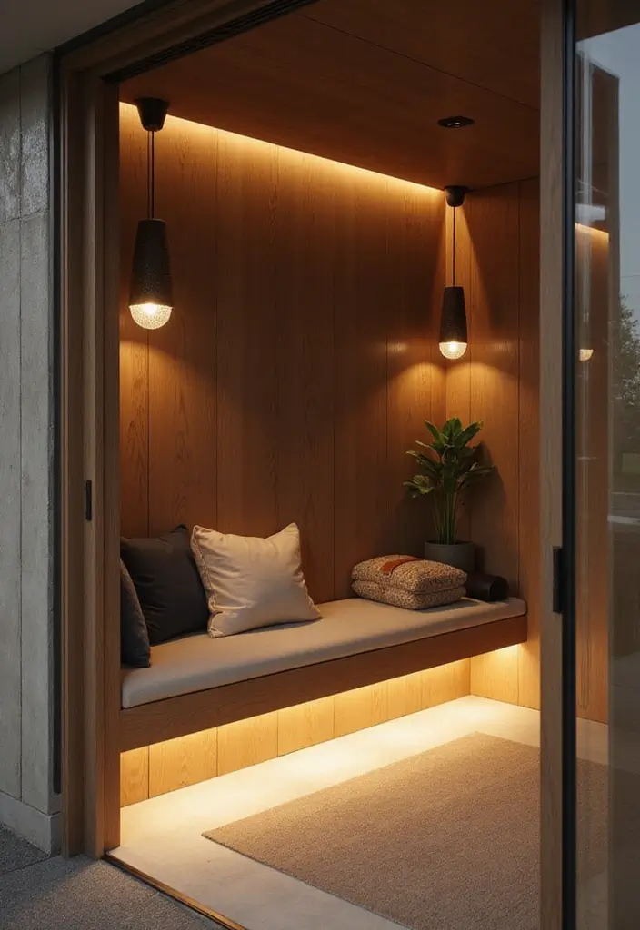 27 Entryway Ideas with Bench That Add Comfort and Storage 11. Bench with Integrated Lighting