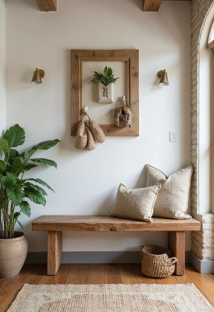 27 Entryway Ideas with Bench That Add Comfort and Storage 13. Bench with a Nature Inspired Theme