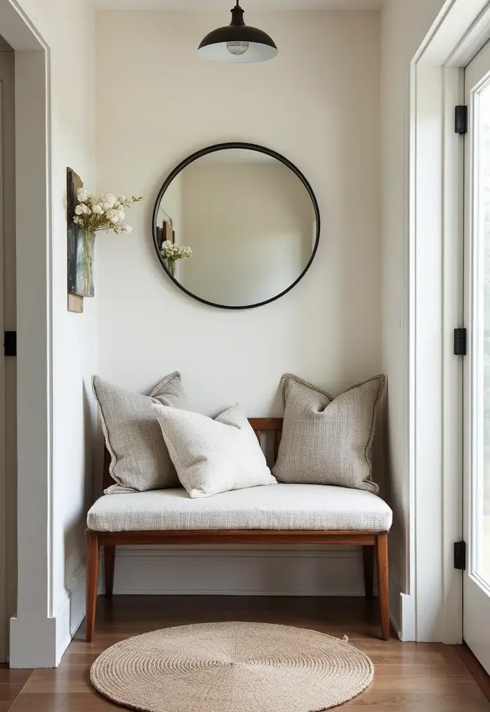 27 Entryway Ideas with Bench That Add Comfort and Storage 14. Chic Bench with a Bench Pad
