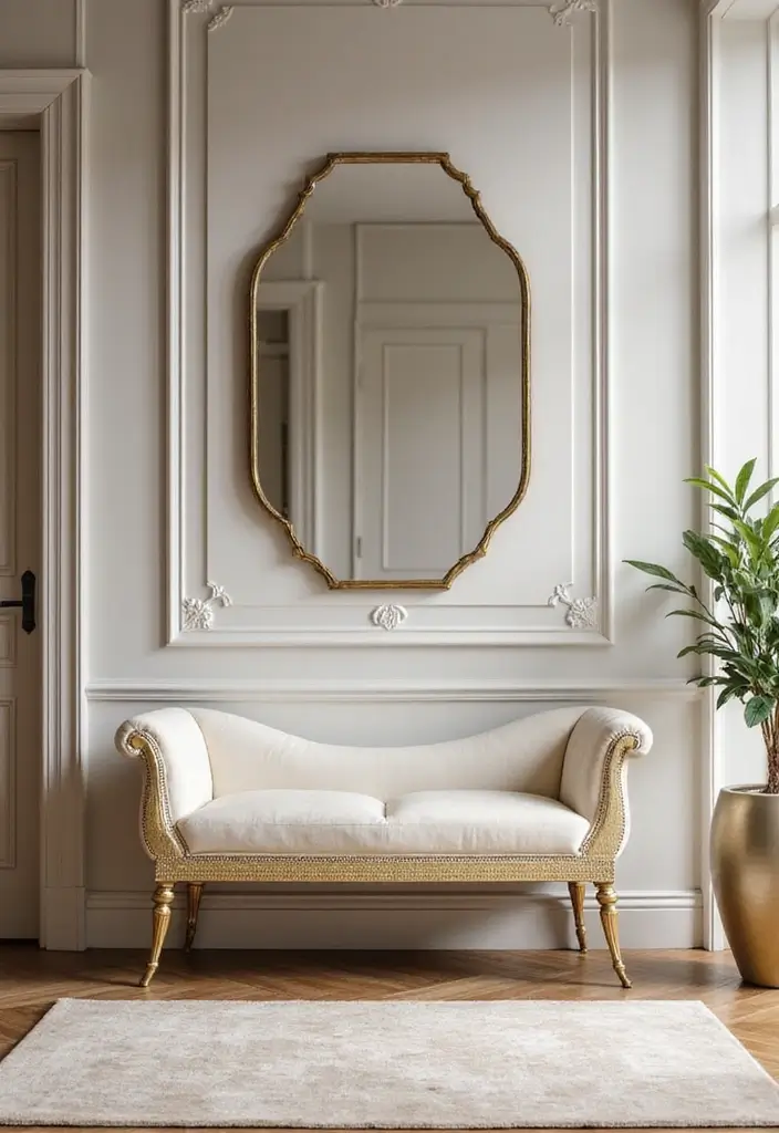 27 Entryway Ideas with Bench That Add Comfort and Storage 17. Elegant Bench with Gold Accents