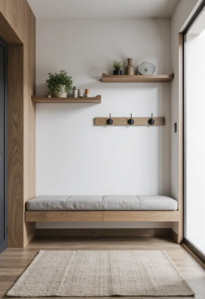 27 Entryway Ideas with Bench That Add Comfort and Storage 18. Floating Bench for Unique Appeal