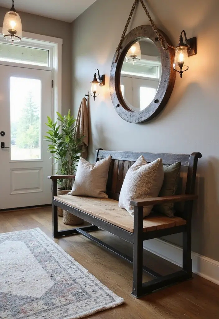 27 Entryway Ideas with Bench That Add Comfort and Storage 19. Industrial Style Bench for a Trendy Look