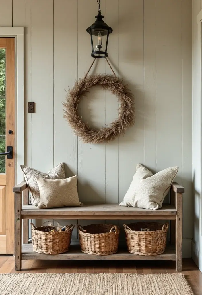 27 Entryway Ideas with Bench That Add Comfort and Storage 2. Vintage Bench with Storage Baskets