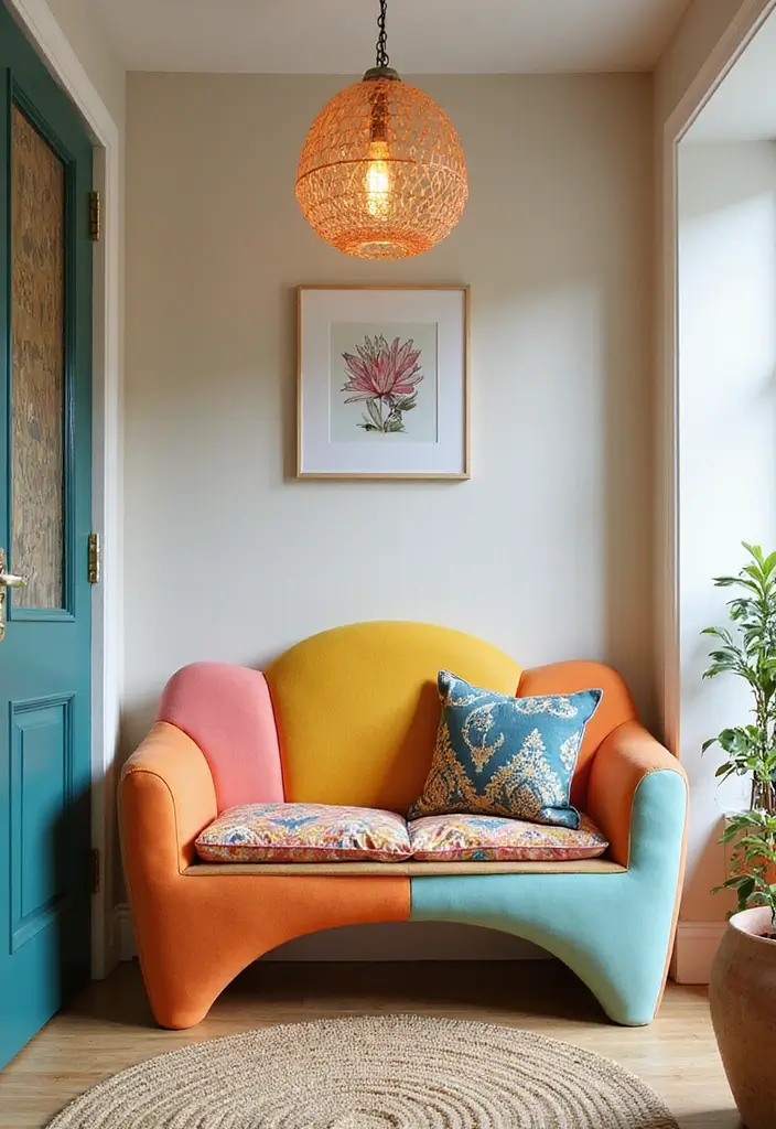 27 Entryway Ideas with Bench That Add Comfort and Storage 24. Quirky Bench with Unique Shapes