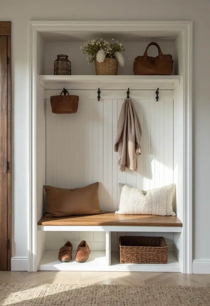27 Entryway Ideas with Bench That Add Comfort and Storage 25. Bench with Sliding Storage