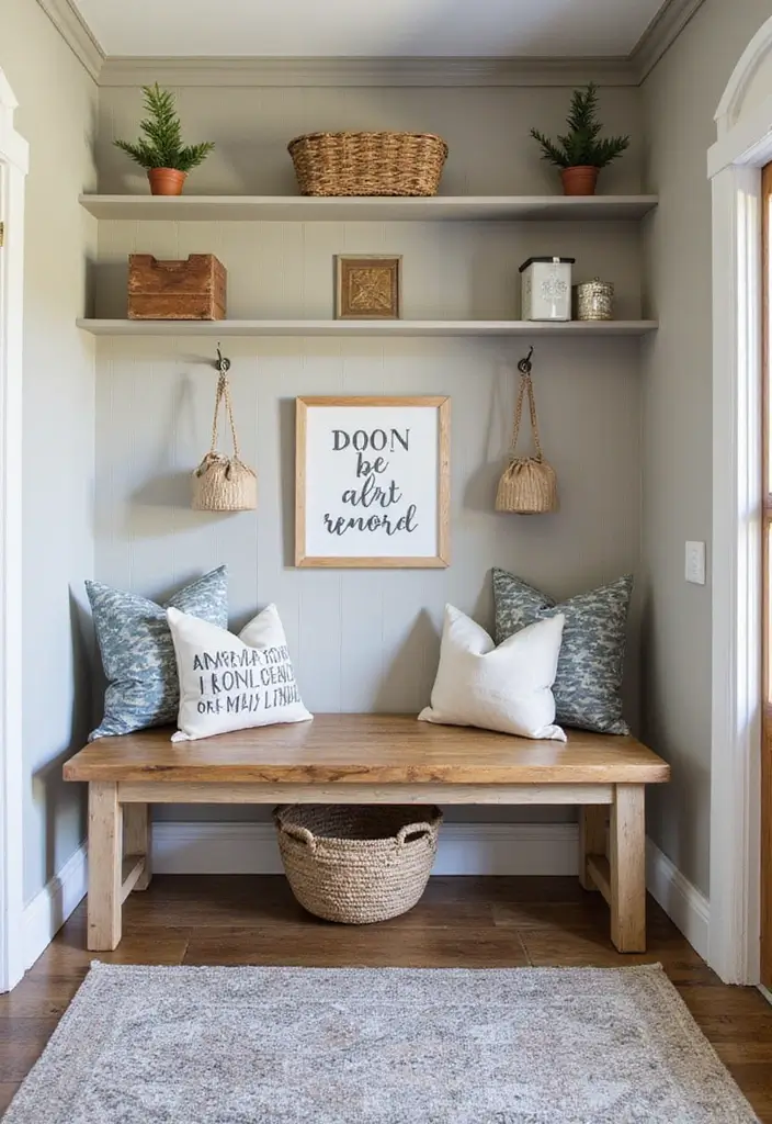 27 Entryway Ideas with Bench That Add Comfort and Storage 4. Rustic Wood Bench with a Modern Twist