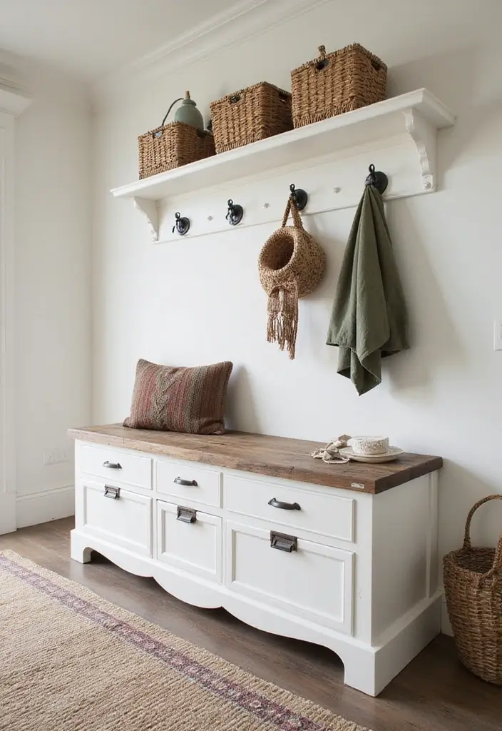 27 Entryway Ideas with Bench That Add Comfort and Storage 5. Multi Functional Bench with Drawers