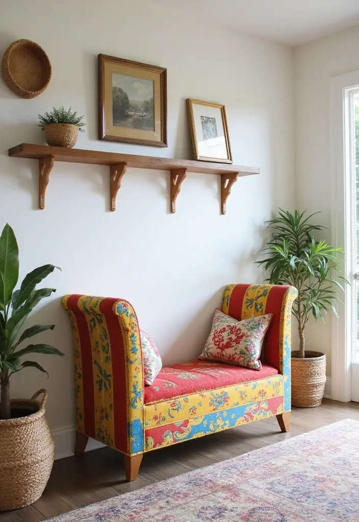 27 Entryway Ideas with Bench That Add Comfort and Storage 7. Colorful Bench for a Pop of Fun