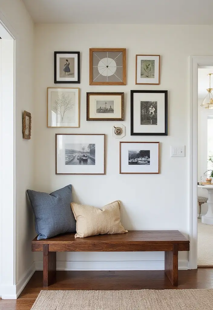 27 Entryway Ideas with Bench That Add Comfort and Storage 8. Bench with a Gallery Wall