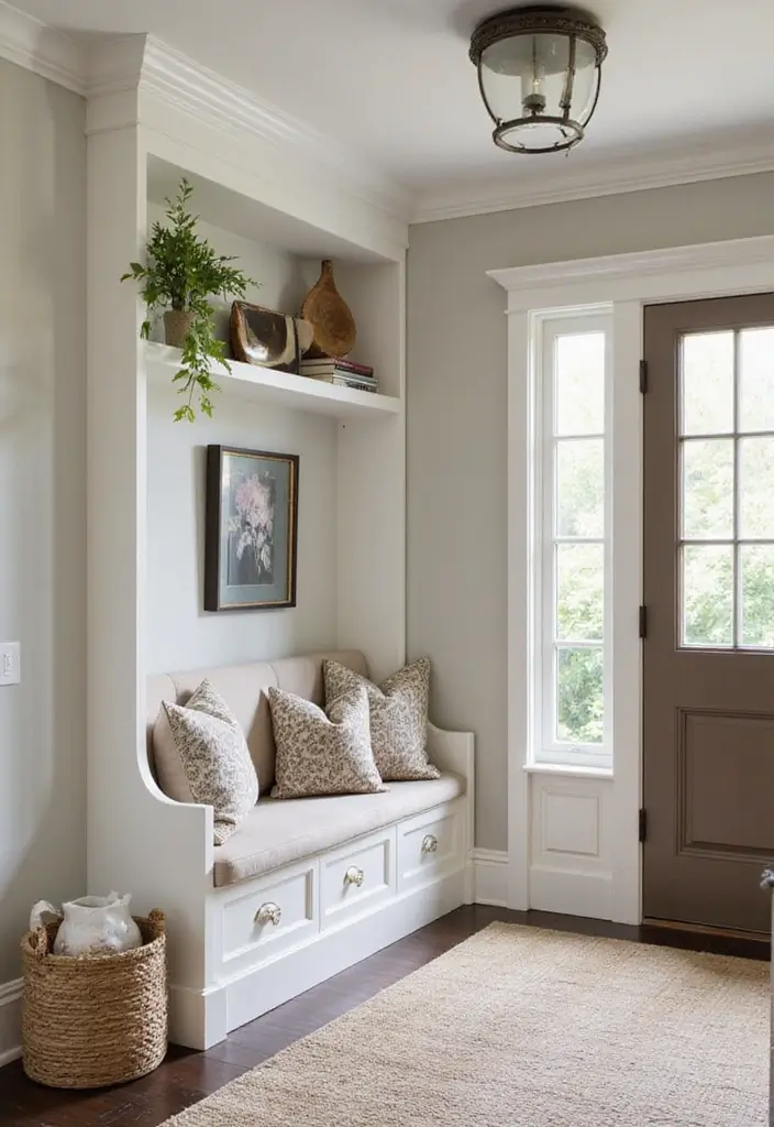 27 Entryway Ideas with Bench That Add Comfort and Storage 9. Built In Bench with Cushions