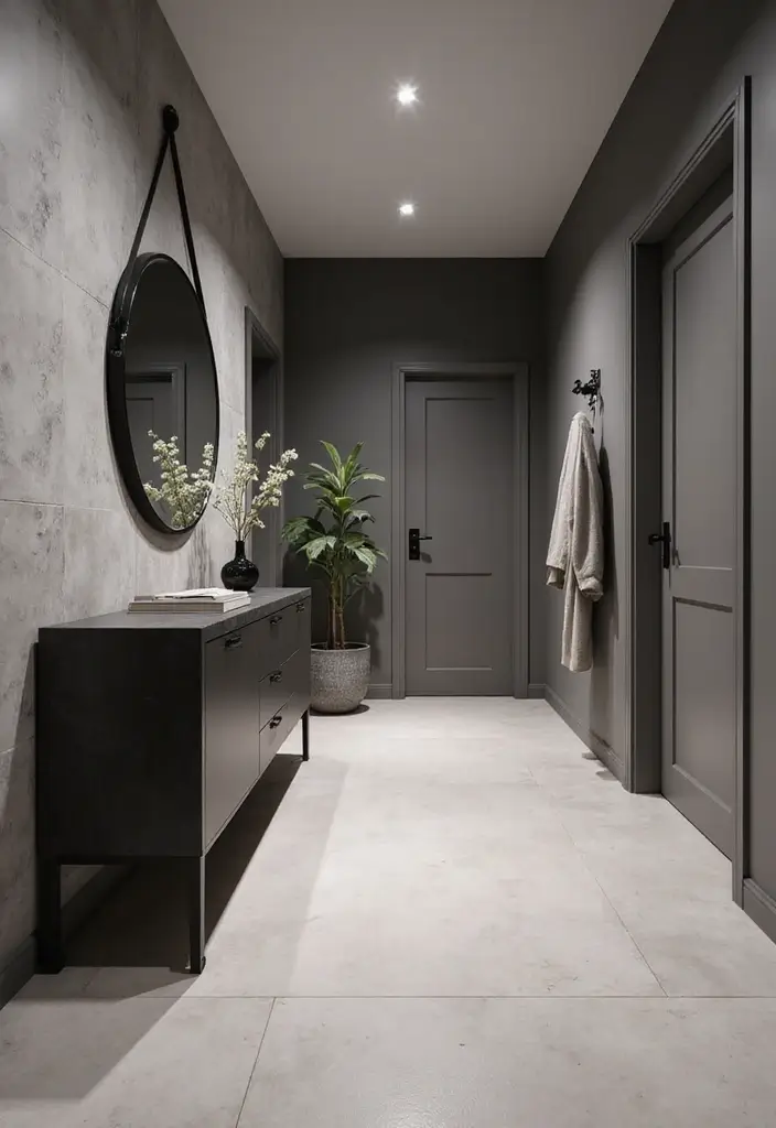 27 Grey Hallway Designs That Feel Neutral and Elegant 1 27 Grey Hallway Designs That Feel Neutral and Elegant - 1. Embrace Monochrome Magic
