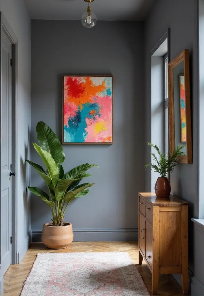 27 Grey Hallway Designs That Feel Neutral and Elegant 10 27 Grey Hallway Designs That Feel Neutral and Elegant - 10. Bold Accent Colors