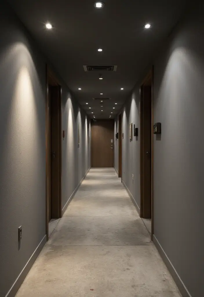 27 Grey Hallway Designs That Feel Neutral and Elegant 11 27 Grey Hallway Designs That Feel Neutral and Elegant - 11. Layered Lighting