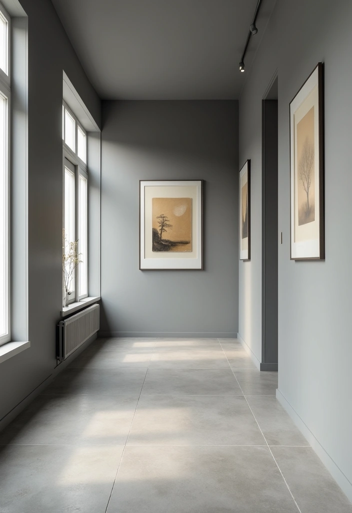 27 Grey Hallway Designs That Feel Neutral and Elegant 12 27 Grey Hallway Designs That Feel Neutral and Elegant - 12. Minimalist Artwork Display