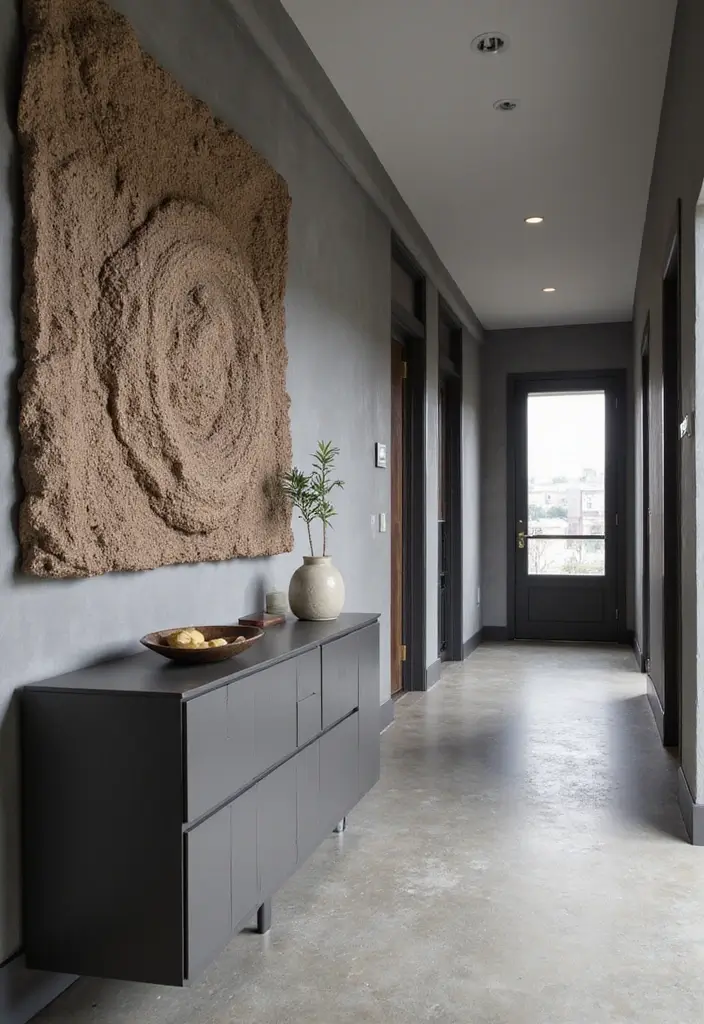 27 Grey Hallway Designs That Feel Neutral and Elegant 14 27 Grey Hallway Designs That Feel Neutral and Elegant - 14. Wall Art with Texture