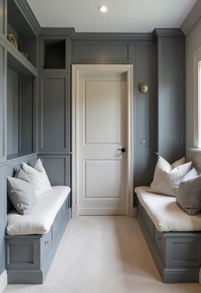 27 Grey Hallway Designs That Feel Neutral and Elegant 15 27 Grey Hallway Designs That Feel Neutral and Elegant - 15. Built-in Seating