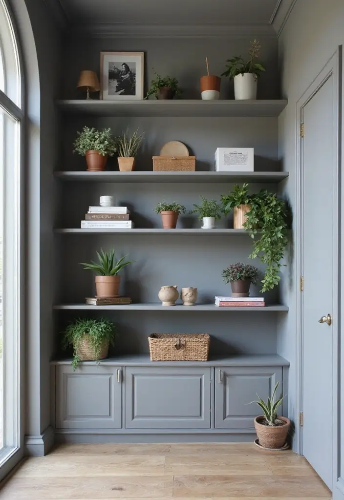 27 Grey Hallway Designs That Feel Neutral and Elegant 17 27 Grey Hallway Designs That Feel Neutral and Elegant - 17. Open Shelving Displays