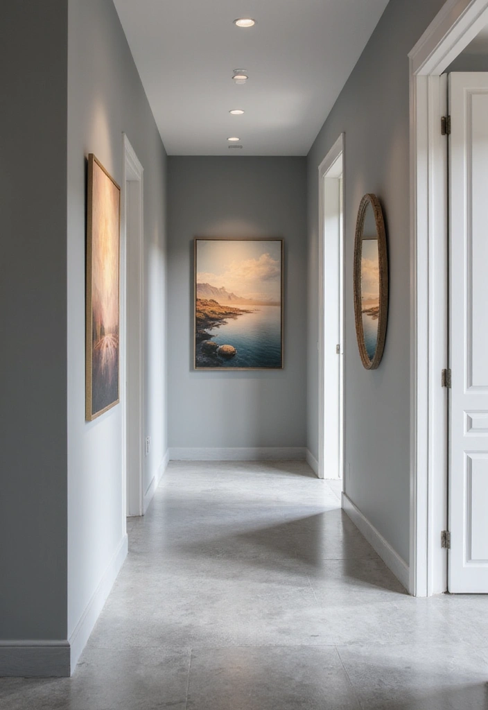 27 Grey Hallway Designs That Feel Neutral and Elegant 18 27 Grey Hallway Designs That Feel Neutral and Elegant - 18. Calming Artwork Choices
