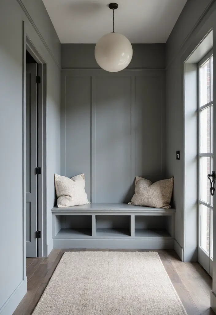 27 Grey Hallway Designs That Feel Neutral and Elegant 20 27 Grey Hallway Designs That Feel Neutral and Elegant - 20. Minimalist Bench Storage