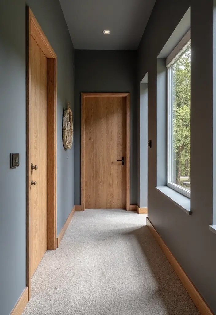27 Grey Hallway Designs That Feel Neutral and Elegant 21 27 Grey Hallway Designs That Feel Neutral and Elegant - 21. Warm Wooden Accents