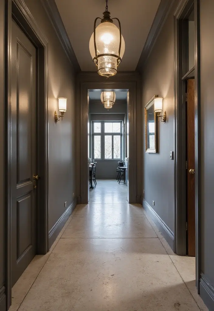 27 Grey Hallway Designs That Feel Neutral and Elegant 4 27 Grey Hallway Designs That Feel Neutral and Elegant - 4. Elegant Lighting Fixtures