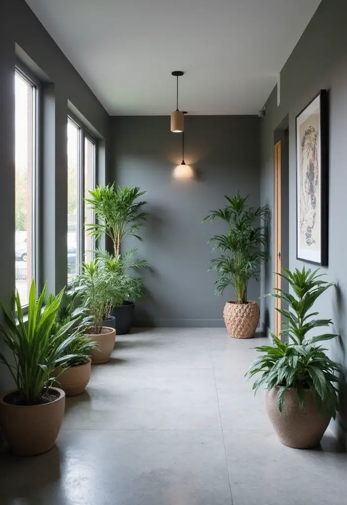 27 Grey Hallway Designs That Feel Neutral and Elegant 7 27 Grey Hallway Designs That Feel Neutral and Elegant - 7. Greenery and Natural Elements