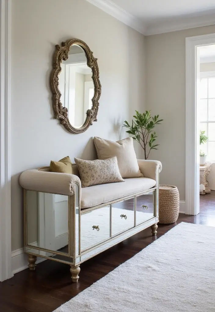 27 Hallway Mirror Ideas to Brighten and Expand Any Space 2 27 Hallway Mirror Ideas to Brighten and Expand Any Space - 2. Mirrored Storage Benches