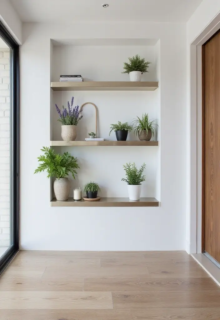 27 Hallway Mirror Ideas to Brighten and Expand Any Space 5 27 Hallway Mirror Ideas to Brighten and Expand Any Space - 5. Floating Mirrored Shelves