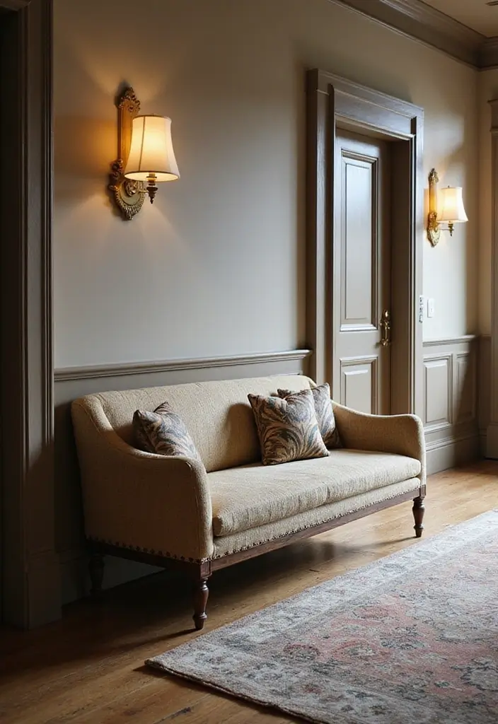 27 Victorian Hallway Designs That Bring Old-World Charm 15 27 Victorian Hallway Designs That Bring Old-World Charm - 15. Elegant Upholstered Benches
